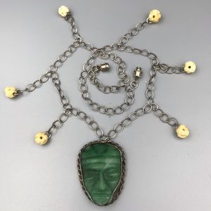Mexican Vintage Warrior Mask Pendant w/Carved Bone Beads Sterling